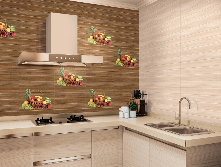 L shape kitchen design with wood tiles, beige countertops, and stylish cabinetry.